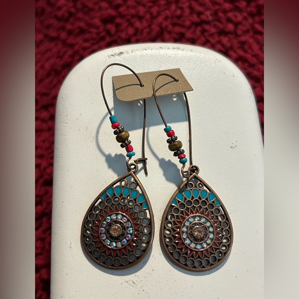 Turquoise and Red Bohemian Teardrop Earrings - Unbranded
